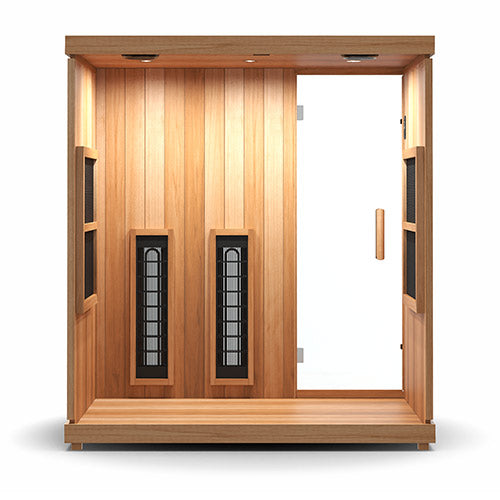 The Finnmark FD-3 Full-Spectrum Infrared Sauna is a spacious 3–4 person retreat designed to bring spa-level wellness into your home. Using exclusive full-spectrum technology that combines Carbon 360° infrared panels with UL-listed Spectrum Plus™ heaters, it delivers deeper heat, faster detoxification, and a hotter sweat—reaching 170°F in under an hour on a standard outlet. Crafted with antimicrobial Western Canadian cedar and a Thermal Plus™ Aspen exterior that resists rot, warping, and chips.