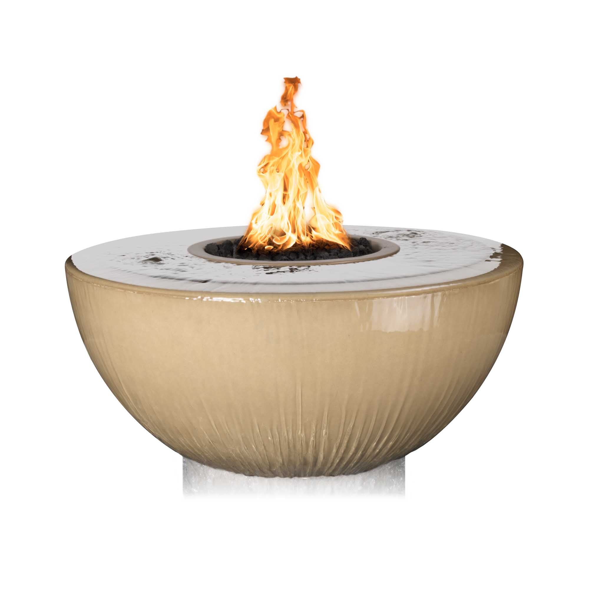 Beige fire pit with flames on a white background