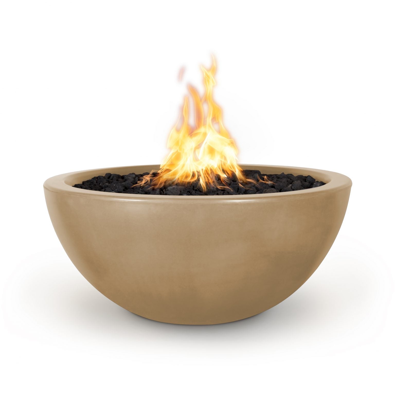 Beige fire pit bowl with flames on a white background. The Luna Concrete Fire Pit is a chic, half-moon inspired fire bowl crafted from lightweight yet durable GFRC (glass fiber reinforced concrete). Available in 30″ and 38″ sizes, it’s handcrafted in the USA with a sleek rounded base. Perfect for enhancing social outdoor spaces with warmth and style.
