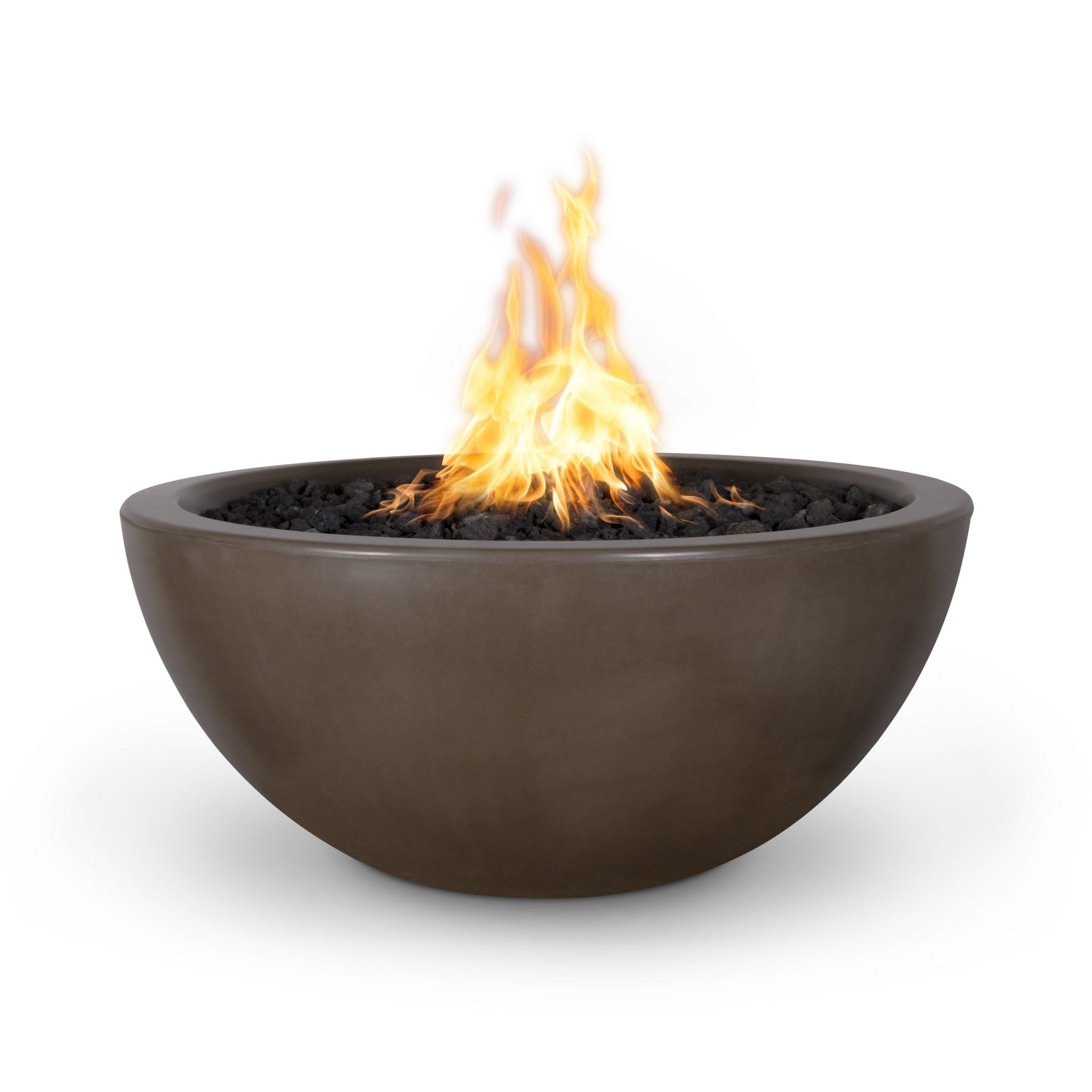 Fire pit bowl with flames on a white background. The Luna Concrete Fire Pit is a chic, half-moon inspired fire bowl crafted from lightweight yet durable GFRC (glass fiber reinforced concrete). Available in 30″ and 38″ sizes, it’s handcrafted in the USA with a sleek rounded base. Perfect for enhancing social outdoor spaces with warmth and style.