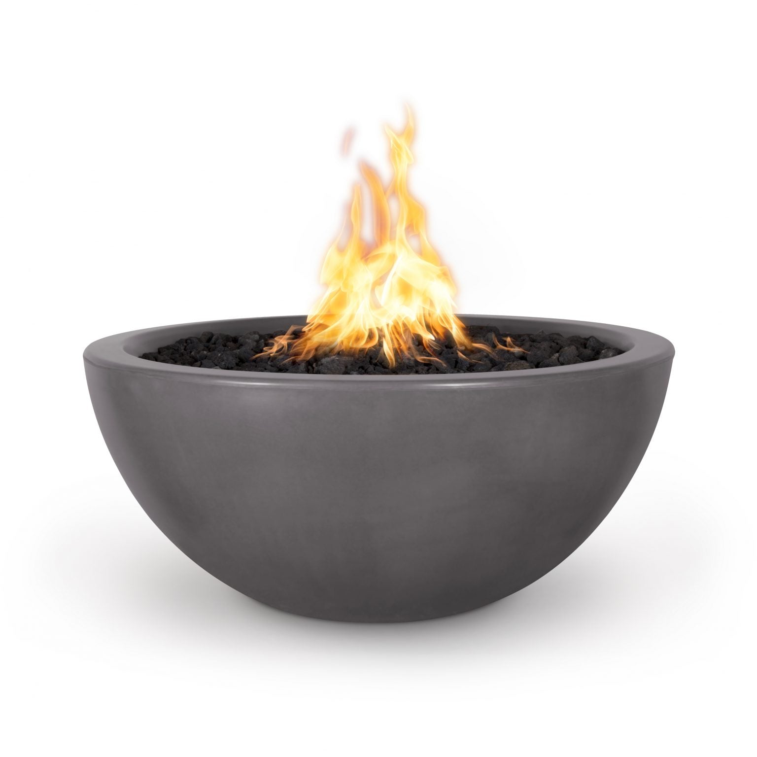 Fire pit bowl with flames on a white background. The Luna Concrete Fire Pit is a chic, half-moon inspired fire bowl crafted from lightweight yet durable GFRC (glass fiber reinforced concrete). Available in 30″ and 38″ sizes, it’s handcrafted in the USA with a sleek rounded base. Perfect for enhancing social outdoor spaces with warmth and style.