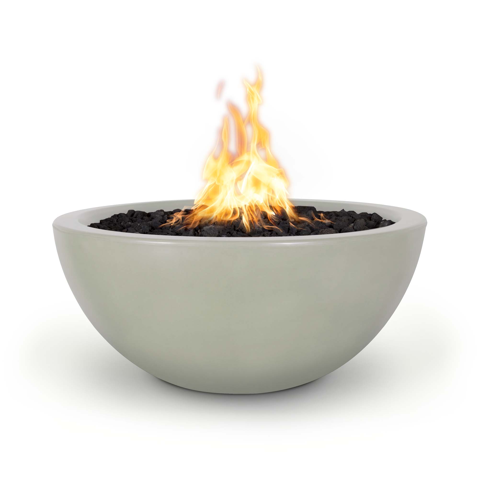 Bowl-shaped fire pit with flames on a white background. The Luna Concrete Fire Bowl is a beautifully modern, half-moon inspired fire feature designed to elevate outdoor spaces. Handcrafted in the USA from lightweight yet durable GFRC (Glass Fiber Reinforced Concrete), it delivers sculptural impact and cozy ambiance. Perfect for pool decks, patios, or urban rooftops.