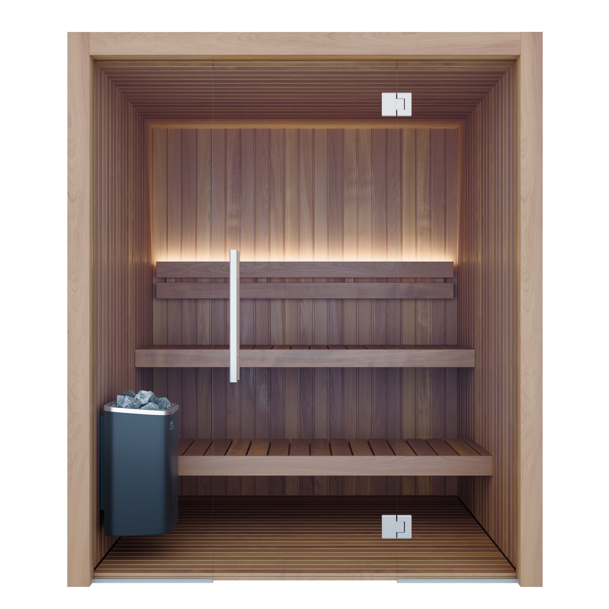 Immerse yourself in modern design and authentic wellness with the Mr. Steam Indo Collection 6x6 Sauna. Designed for indoor environments, this premium sauna blends contemporary glass architecture with Thermo-Aspen craftsmanship for an elegant, spa-quality experience at home. With room for 4 to 5 people, a 6 kW stainless-steel heater, and touchscreen digital controls, this sauna offers both beauty and performance in every detail.