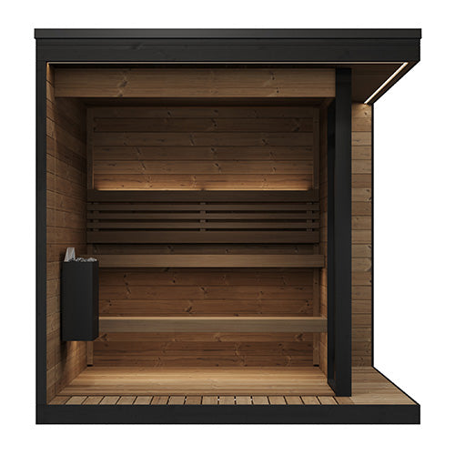 The SaunaLife GL6 from the Garden Luxury Series is a premium 6-person outdoor sauna designed for elegance, comfort, and durability. Its contemporary linear design features wrap-around eaves, integrated porch, and expansive bronze tempered-glass windows. This sauna provides a luxurious backyard wellness retreat with exceptional natural light, spacious seating, and high-end craftsmanship from Northern Europe