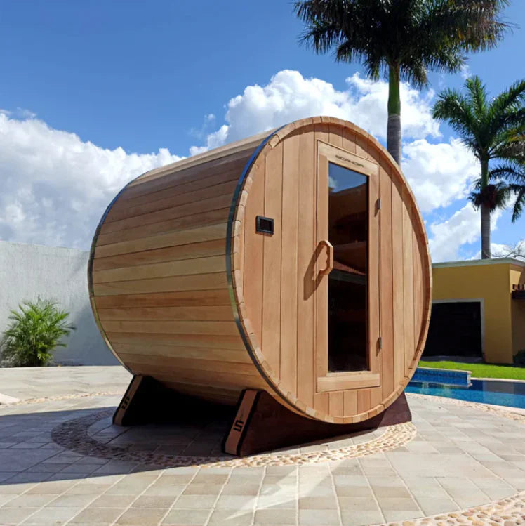 Bring luxury wellness to your backyard with the Scandia Barrel Sauna (Outdoor), designed for 2-8 people.