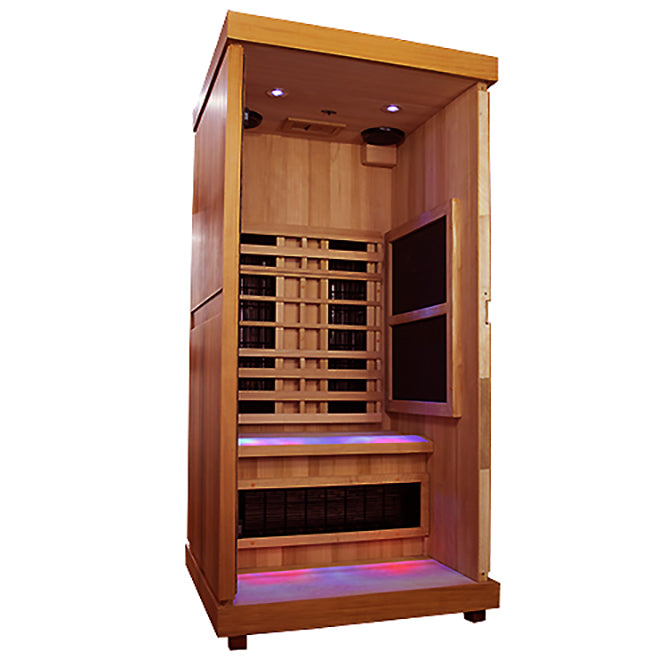Wooden infrared sauna with LED lights on a white background