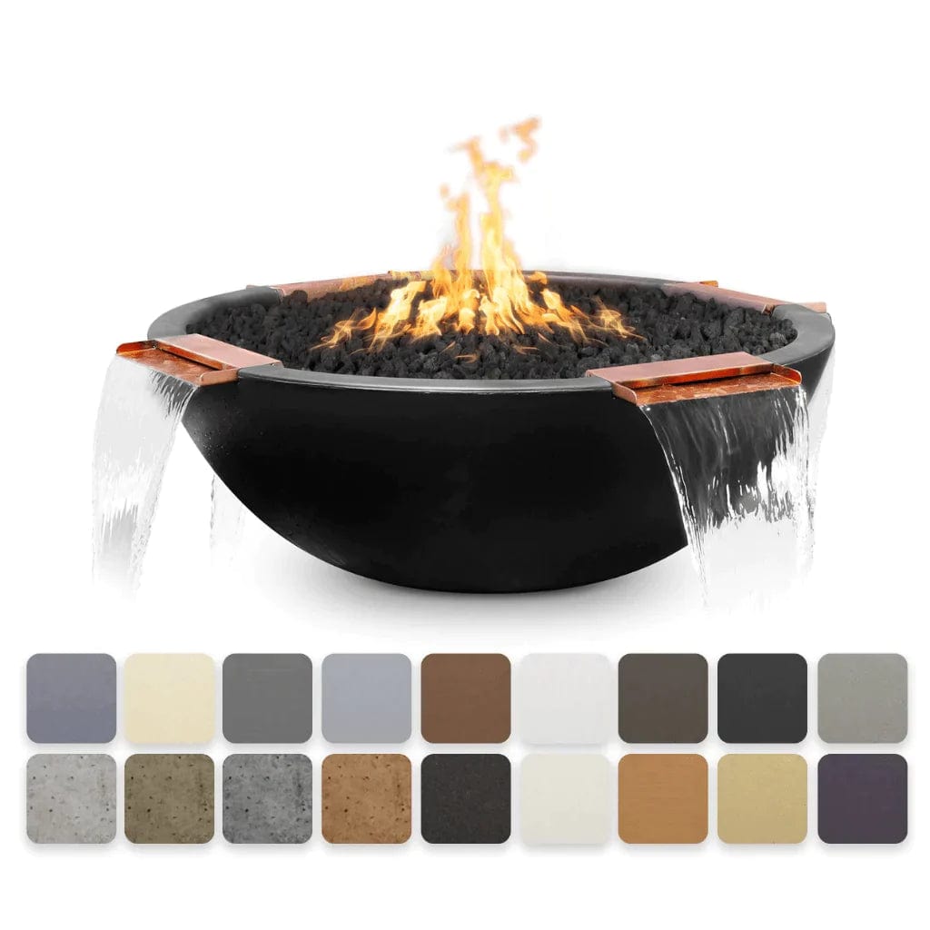 Fire pit with flames and water feature on a white background, color swatches below.
