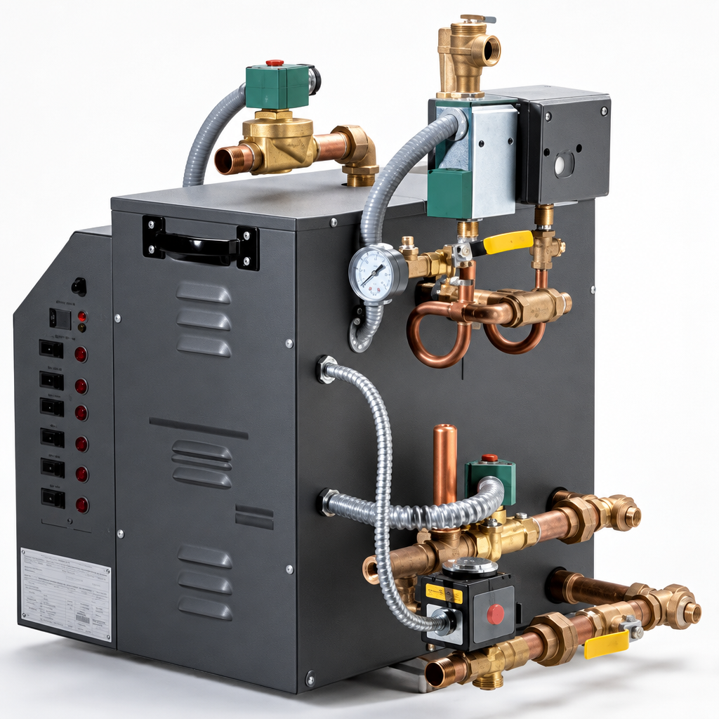 Amerec commercial steam boiler, rear pipework view