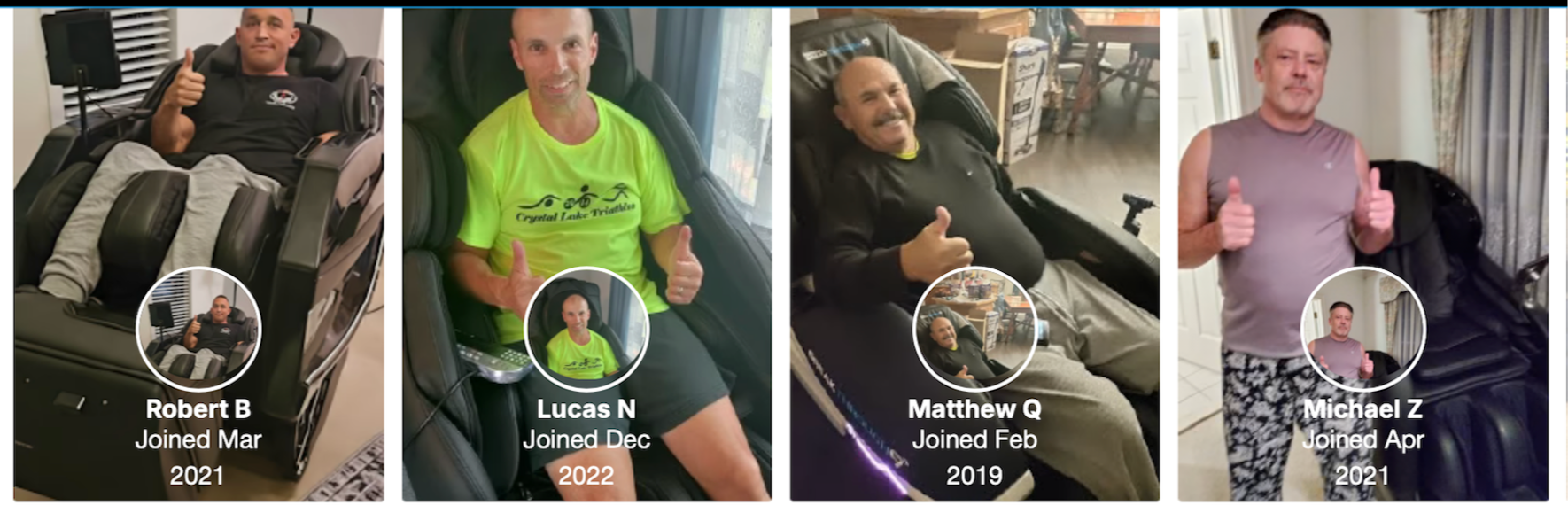 Five people using massage chairs with names and dates displayed below each.