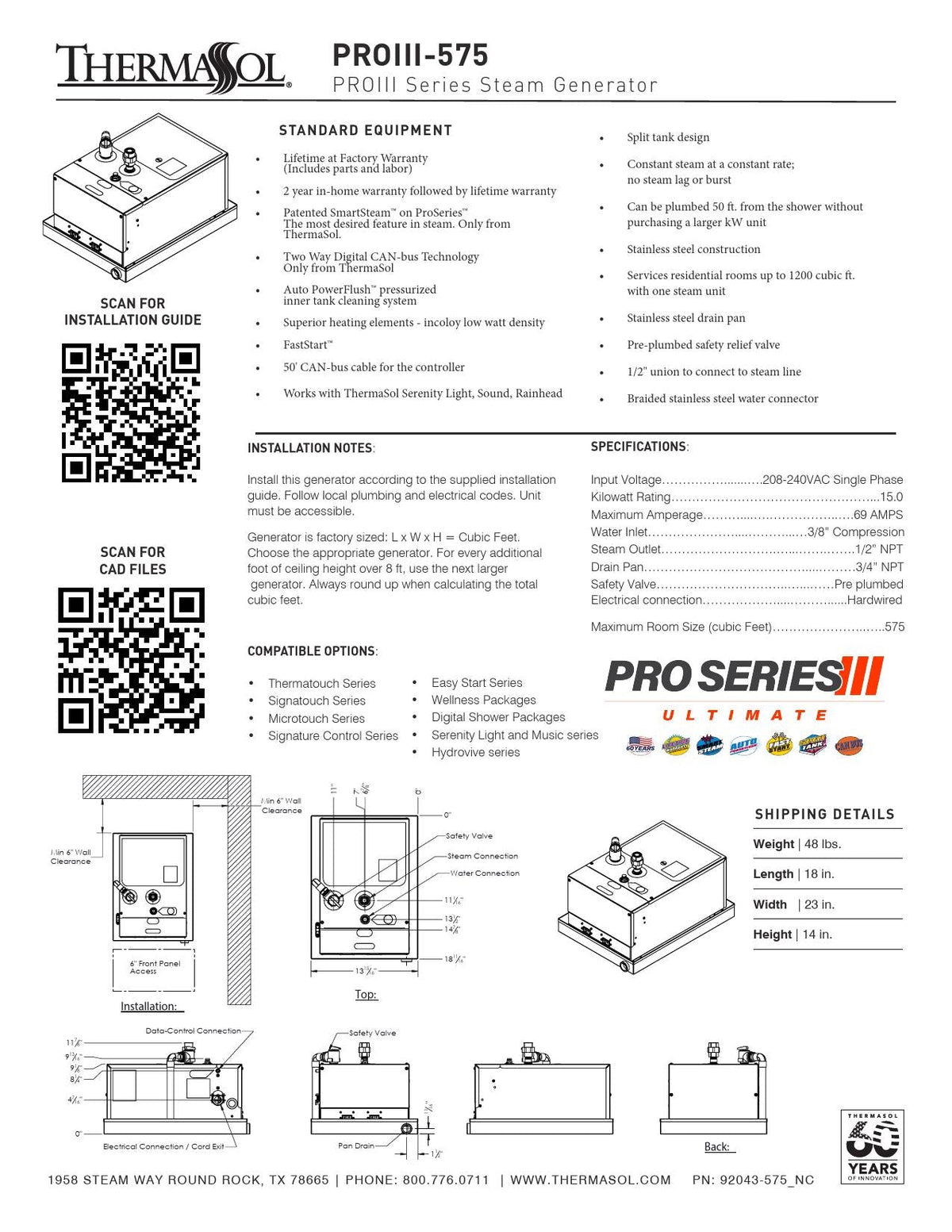 ThermaSol PRO Series III 575 Steam Generator — 15kW - elitewellnesshq Steam generator 15kW Steam Generator - 575 Cubic Feet (Max) Shower Space - Ultimate Series III