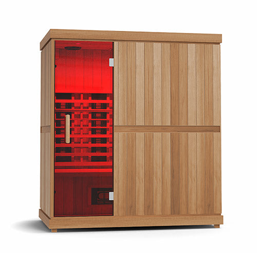 The Finnmark FD-3 Full-Spectrum Infrared Sauna is a spacious 3–4 person retreat designed to bring spa-level wellness into your home. Using exclusive full-spectrum technology that combines Carbon 360° infrared panels with UL-listed Spectrum Plus™ heaters, it delivers deeper heat, faster detoxification, and a hotter sweat—reaching 170°F in under an hour on a standard outlet. Crafted with antimicrobial Western Canadian cedar and a Thermal Plus™ Aspen exterior that resists rot, warping, and chips.