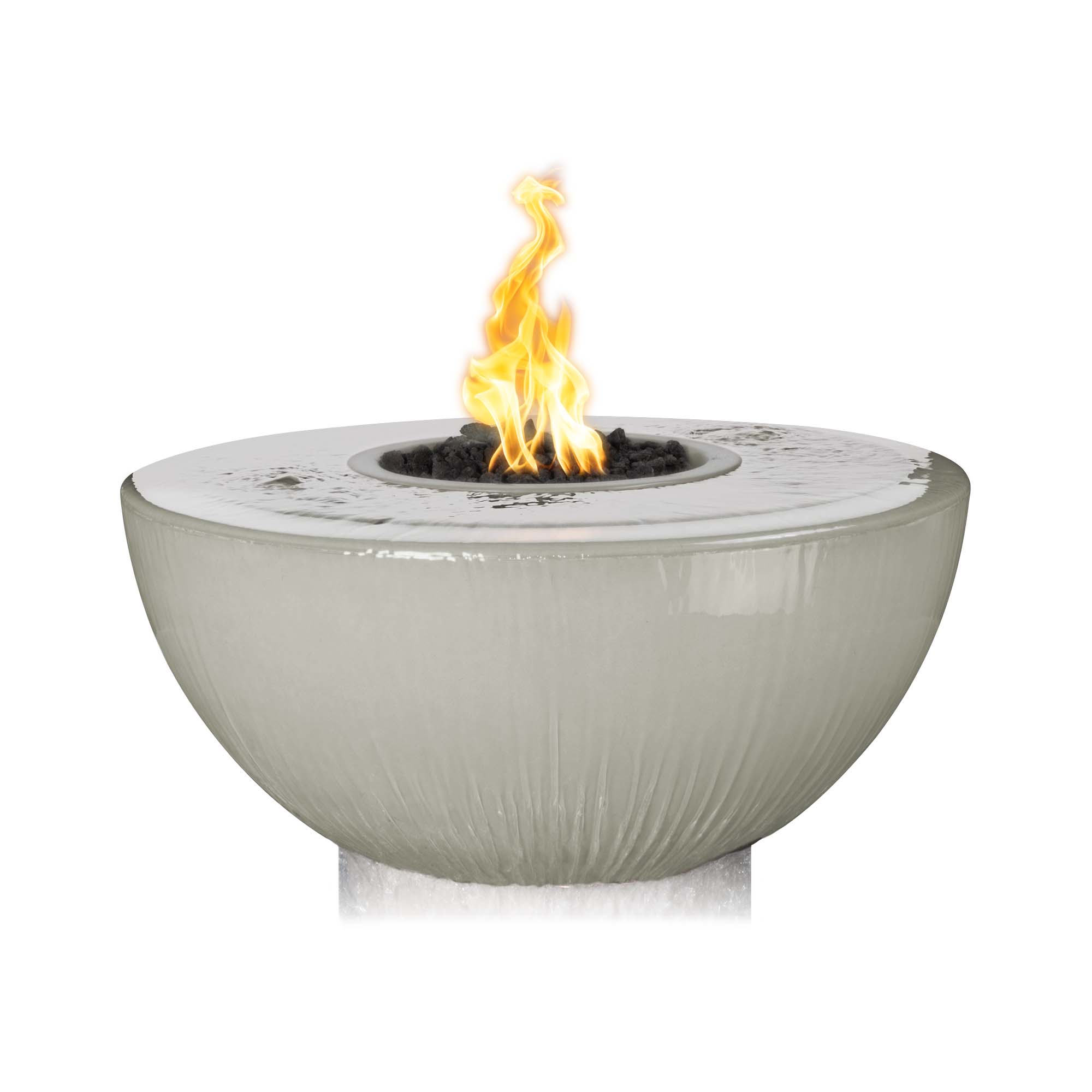Bowl-shaped fire pit with flames on a white background