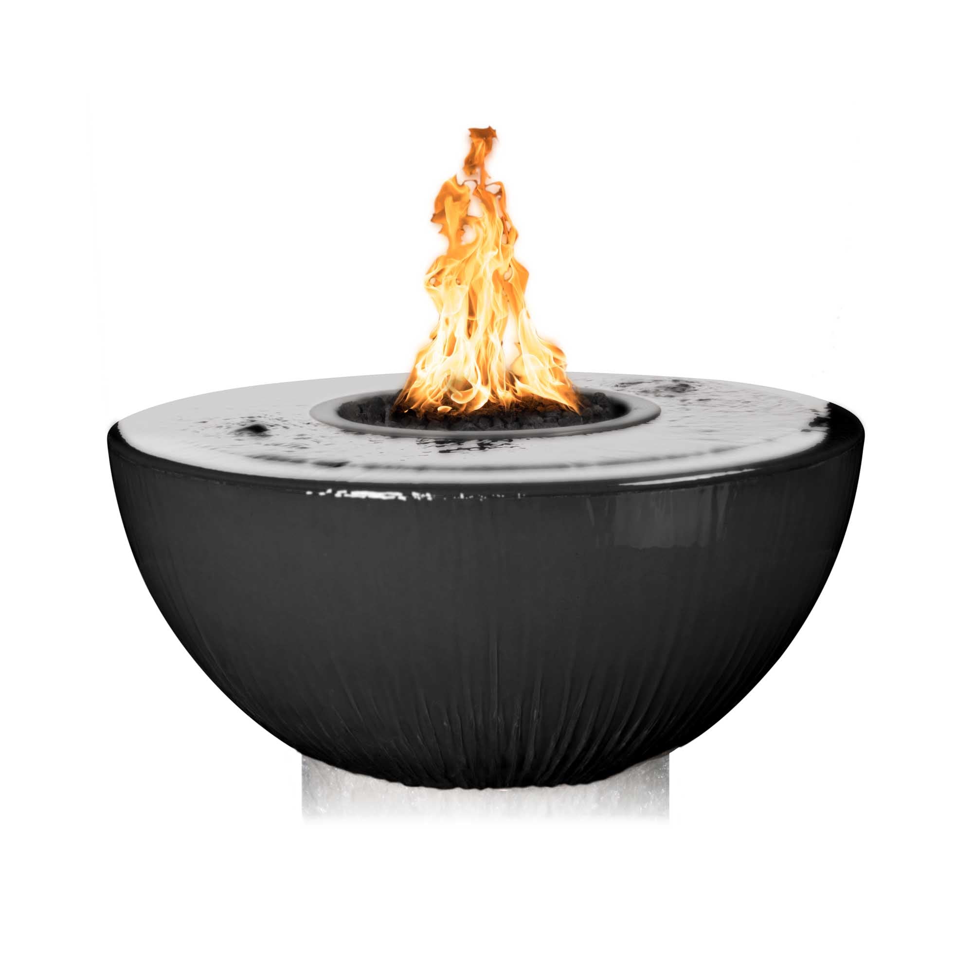 Black fire pit with flames on a white background
