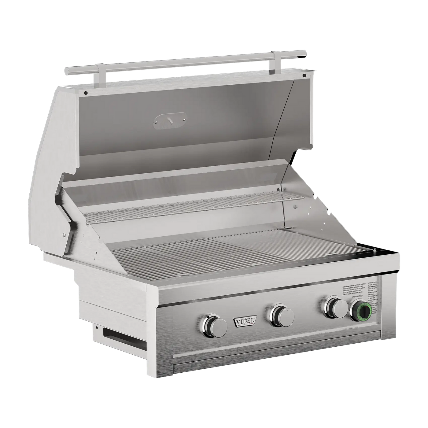 Stainless steel grill with control knobs on a white background