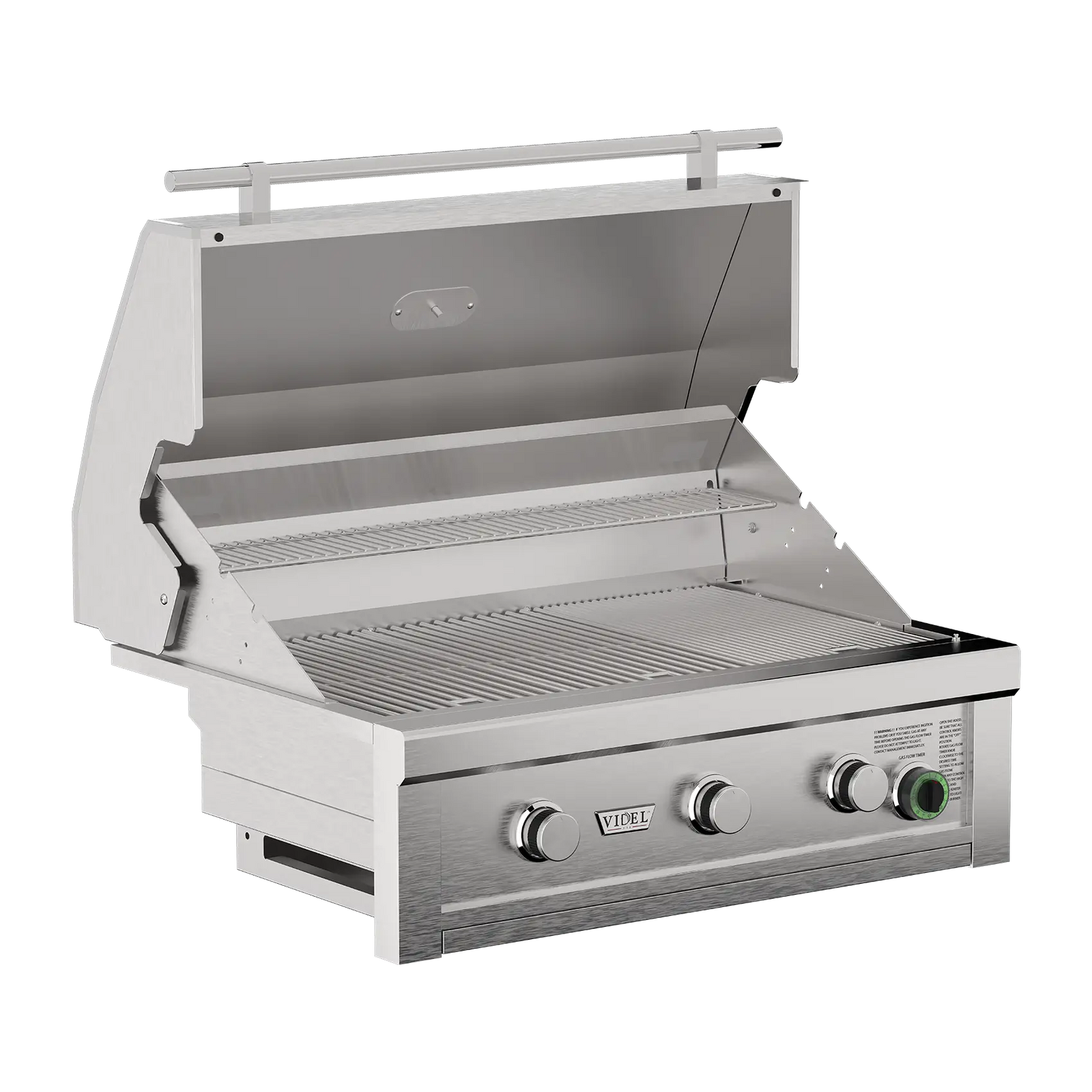 Stainless steel grill with control knobs on a white background