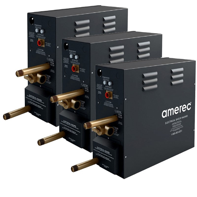 Three black electrical shock machines with gold nozzles on a white background, featuring the Amerec brand.