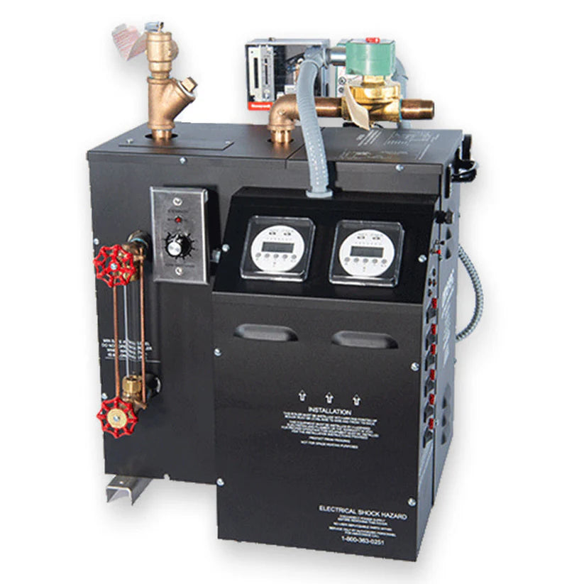 Black industrial boiler with various components on a white background