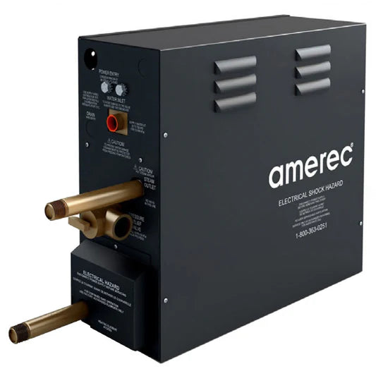 Amerec steam boiler with brass nozzles on a white background. The Amerec AK Series 18 kW Steam Generator (model 9014‑219) is a powerful “ganged” dual-unit system tailored for advanced steam shower spaces up to 700 ± 50 cu ft. Designed with commercial-grade durability and engineered Japanese precision, it delivers soft, consistent steam that transforms everyday showers into spa-grade recovery experiences.