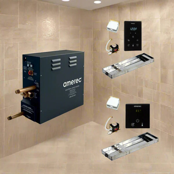 Amerec electrical components on a tiled wall. The Amerec AK Series 18 kW Steam Generator (model 9014‑219) is a powerful “ganged” dual-unit system tailored for advanced steam shower spaces up to 700 ± 50 cu ft. Designed with commercial-grade durability and engineered Japanese precision, it delivers soft, consistent steam that transforms everyday showers into spa-grade recovery experiences.