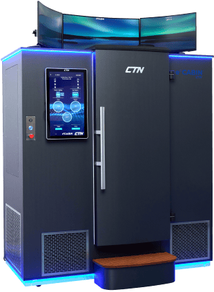 Futuristic refrigerator with digital display and curved screens on top, featuring the brand 'CTN'. The eCABIN is the world’s first fully electric, automated whole-body cryotherapy cabin, using patented gas-free technology for safe and efficient recovery. Designed for wellness centers and home use, it delivers precise treatments in three minutes with no special installation required. 