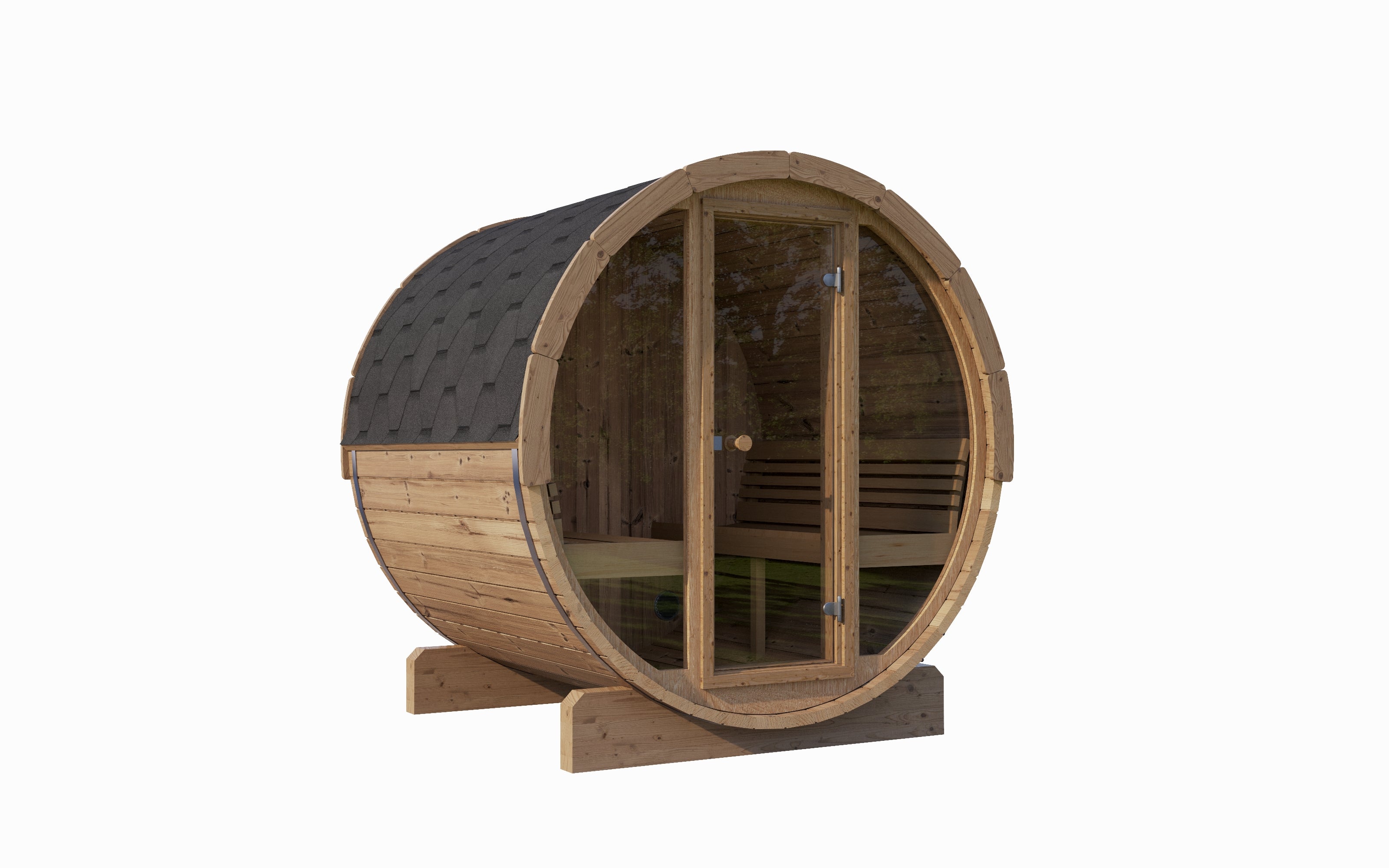 The SaunaLife Model E8G Outdoor Barrel Sauna elevates the backyard wellness experience with full-glass front wall design and ergonomic comfort. Expertly crafted from Thermo-Spruce, which lasts up to 2X longer than cedar, the E8G combines Scandinavian durability, thermal efficiency, and natural beauty. Its 6’5” interior height, curved Thermo-Aspen benches, and expansive bronzed tempered glass front create an airy, open environment that lets natural light flood the sauna while offering stunning outdoor views.