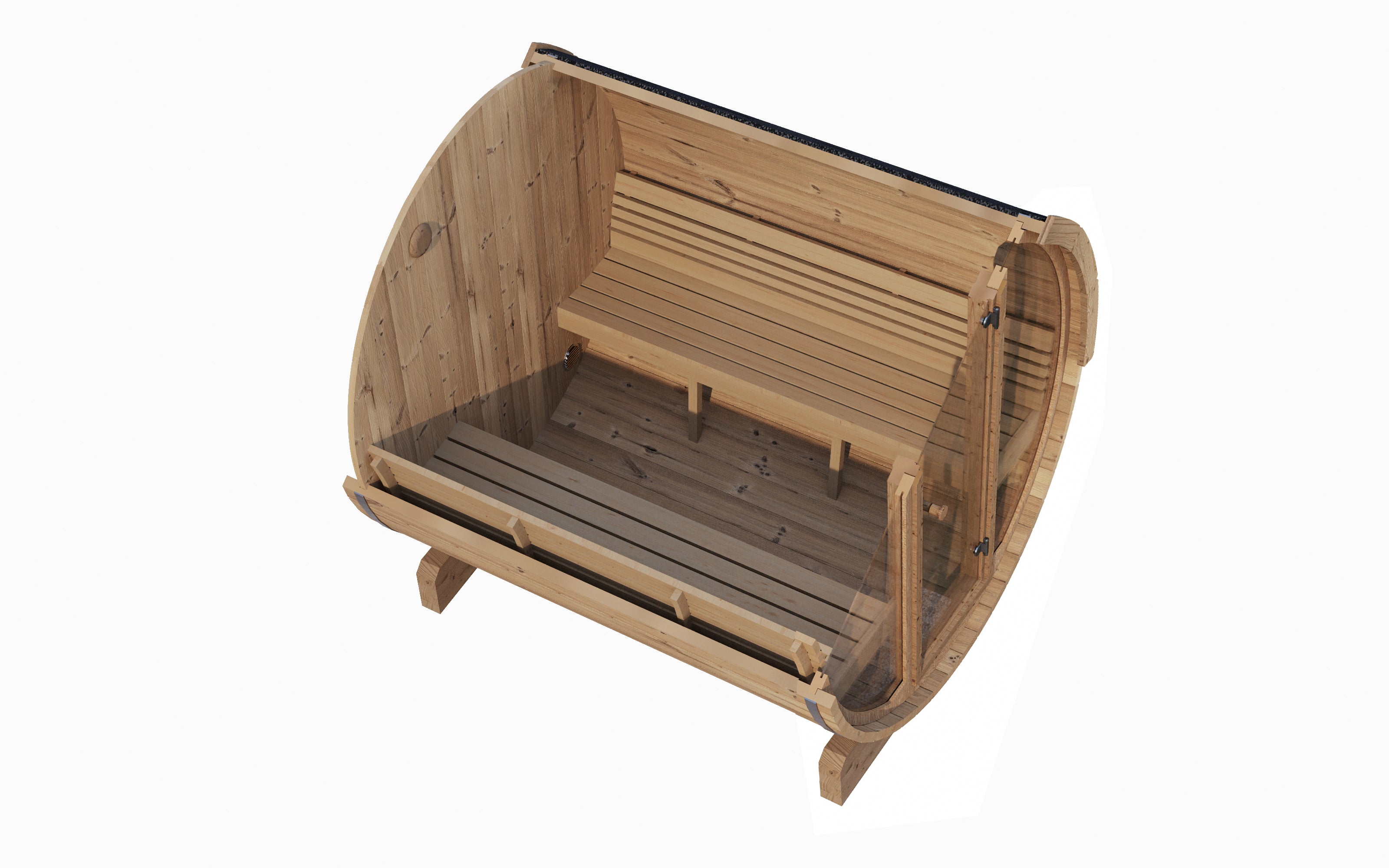 elitewellnesshq.com The SaunaLife Model E8G Outdoor Barrel Sauna elevates the backyard wellness experience with full-glass front wall design and ergonomic comfort. Expertly crafted from Thermo-Spruce, which lasts up to 2X longer than cedar, the E8G combines Scandinavian durability, thermal efficiency, and natural beauty. Its 6’5” interior height, curved Thermo-Aspen benches, and expansive bronzed tempered glass front create an airy, open environment that lets natural light flood the sauna while offering stu