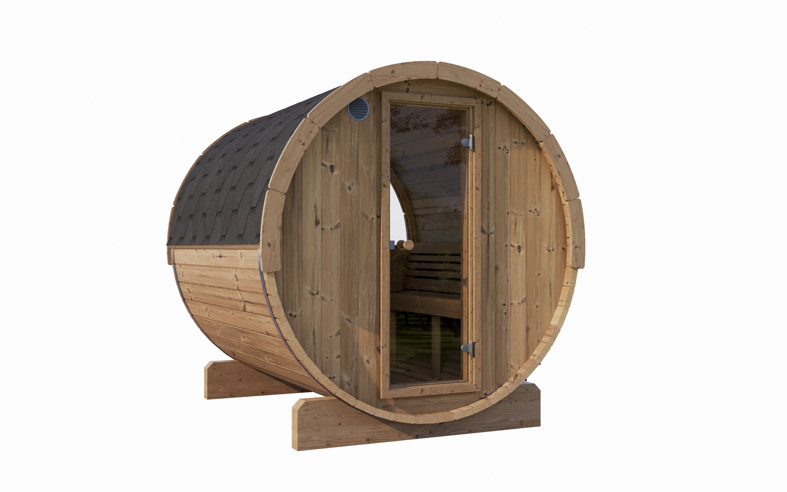 The SaunaLife Model E8W Outdoor Barrel Sauna offers the perfect blend of Scandinavian design and modern comfort. Crafted from durable Thermo-Spruce, which lasts up to 2X longer than cedar, the E8W is built to withstand the elements while providing superior thermal efficiency. This barrel sauna features a spacious 6’5” interior height, ergonomically contoured Thermo-Aspen benches, and a panoramic half-moon rear window that floods the interior with natural light. With room for up to six bathers, the E8W is id