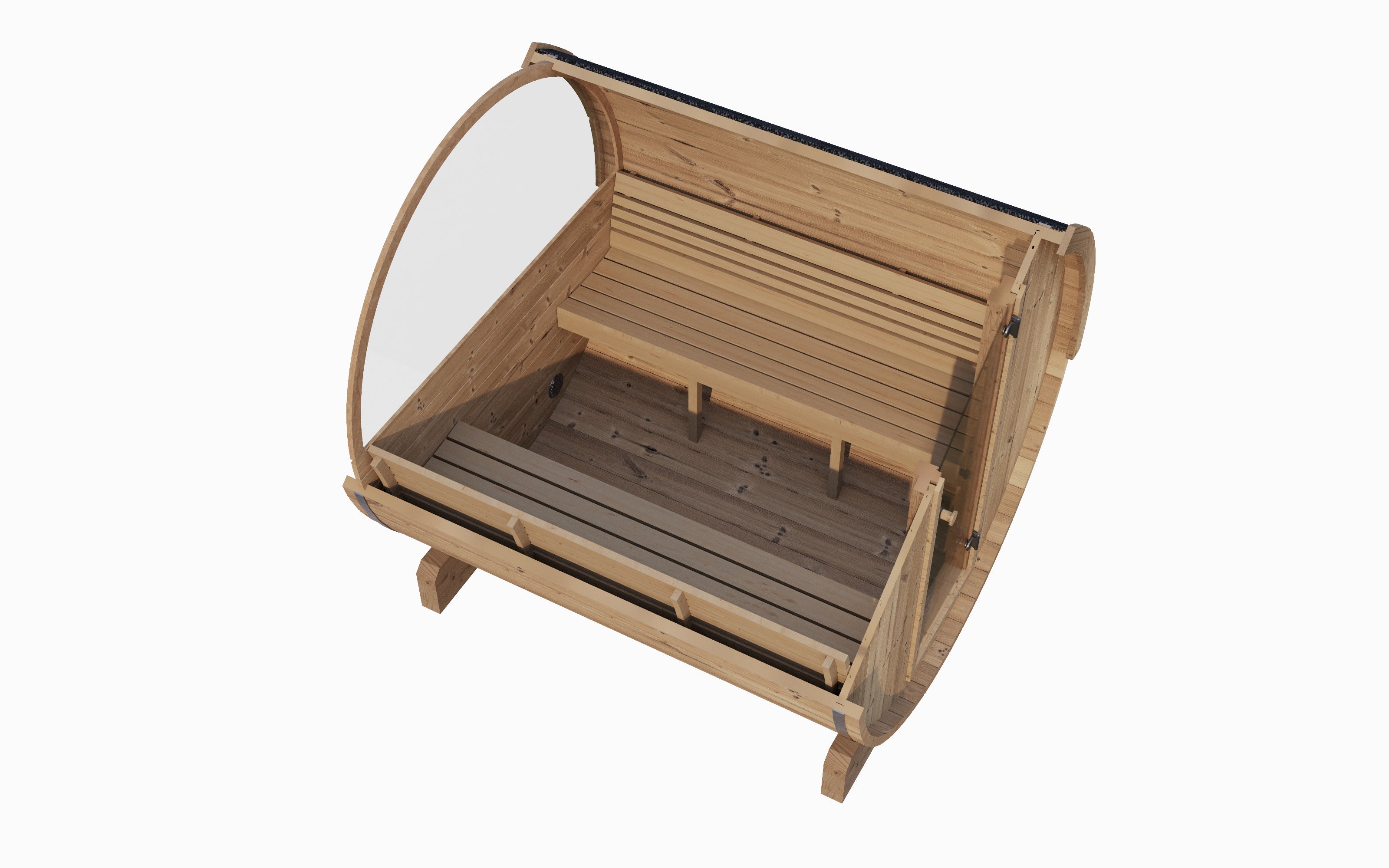 The SaunaLife Model E8W Outdoor Barrel Sauna offers the perfect blend of Scandinavian design and modern comfort. Crafted from durable Thermo-Spruce, which lasts up to 2X longer than cedar, the E8W is built to withstand the elements while providing superior thermal efficiency. This barrel sauna features a spacious 6’5” interior height, ergonomically contoured Thermo-Aspen benches, and a panoramic half-moon rear window that floods the interior with natural light. With room for up to six bathers, the E8W is id