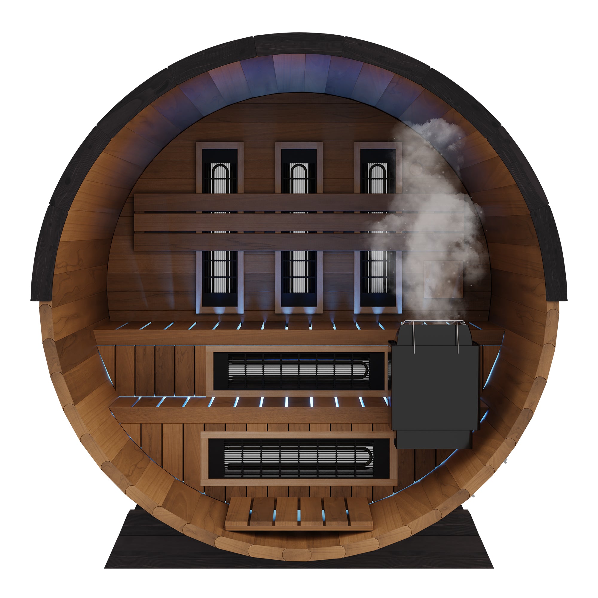 Wooden barrel with steam rising from it on a white background.The Finnmark FD-6 delivers the ultimate sauna experience by uniting powerful traditional heat with advanced infrared therapy inside a beautifully crafted 6' x 6' cedar barrel. Reach temperatures up to 190°F with a 4.5 kW traditional heater for a classic steam session, or enjoy deep-penetrating relief from the built-in Spectrum Plus™ infrared heaters that trigger up to 25 times more sweat than standard carbon panels. Whether you crave the invigora