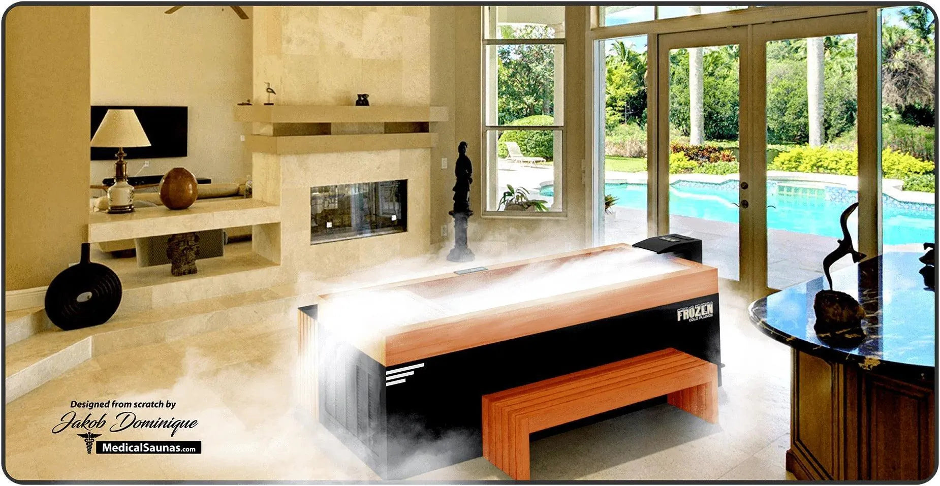Modern living room with a large bathtub in the foreground, pool area in the background