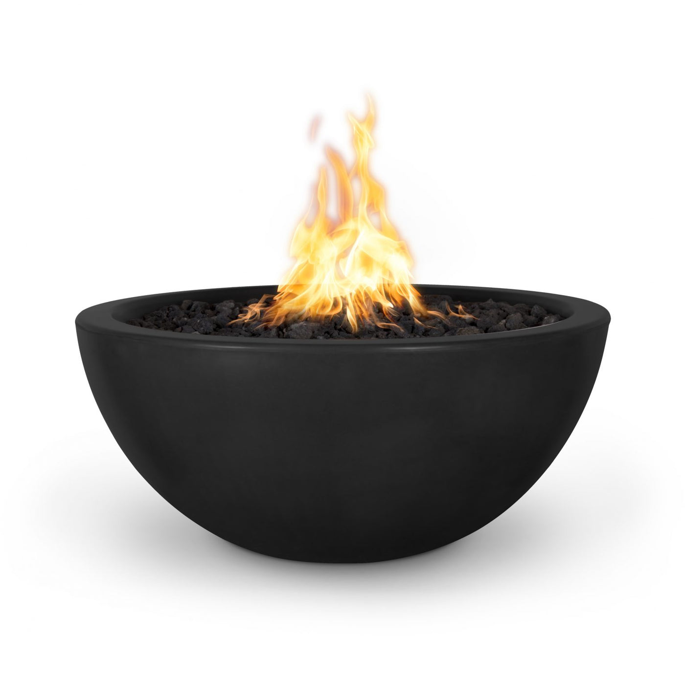 Black fire pit bowl with flames on a white background. The Luna Concrete Fire Pit is a chic, half-moon inspired fire bowl crafted from lightweight yet durable GFRC (glass fiber reinforced concrete). Available in 30″ and 38″ sizes, it’s handcrafted in the USA with a sleek rounded base. Perfect for enhancing social outdoor spaces with warmth and style.