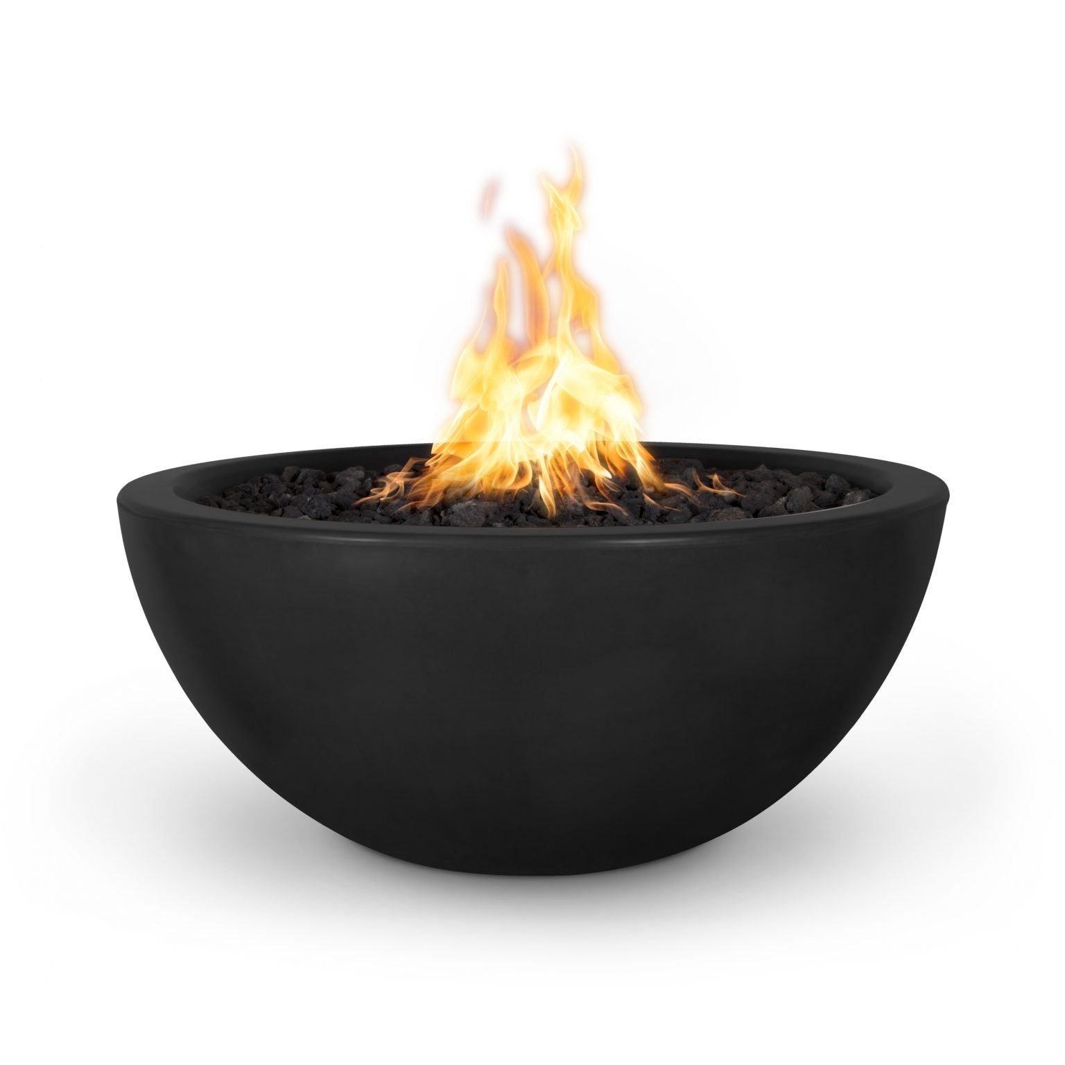 Black fire pit bowl with flames on a white background. The Luna Concrete Fire Pit is a chic, half-moon inspired fire bowl crafted from lightweight yet durable GFRC (glass fiber reinforced concrete). Available in 30″ and 38″ sizes, it’s handcrafted in the USA with a sleek rounded base. Perfect for enhancing social outdoor spaces with warmth and style.