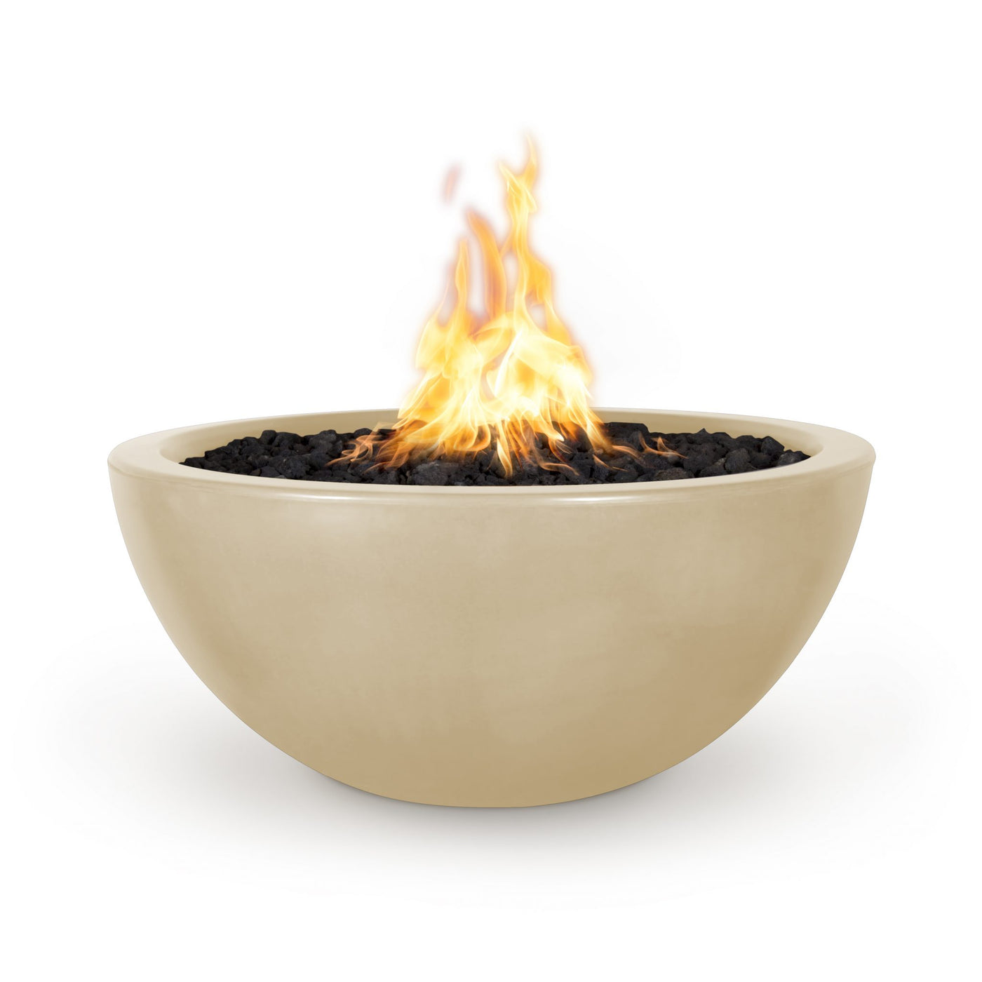 Beige fire pit with flames on a white background. The Luna Concrete Fire Bowl is a beautifully modern, half-moon inspired fire feature designed to elevate outdoor spaces. Handcrafted in the USA from lightweight yet durable GFRC (Glass Fiber Reinforced Concrete), it delivers sculptural impact and cozy ambiance. Perfect for pool decks, patios, or urban rooftops. 