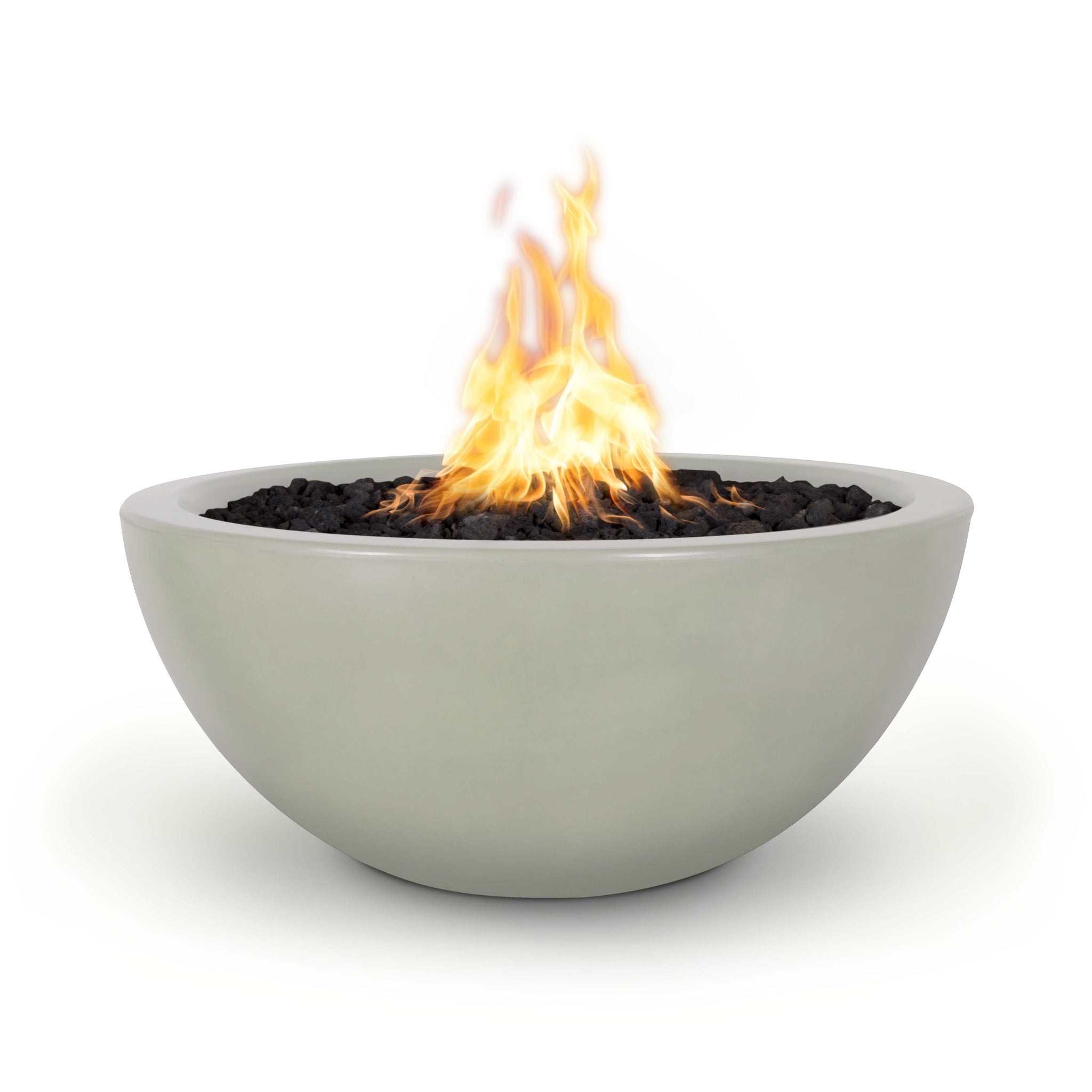 Bowl-shaped fire pit with flames on a white background. The Luna Concrete Fire Pit is a chic, half-moon inspired fire bowl crafted from lightweight yet durable GFRC (glass fiber reinforced concrete). Available in 30″ and 38″ sizes, it’s handcrafted in the USA with a sleek rounded base. Perfect for enhancing social outdoor spaces with warmth and style.