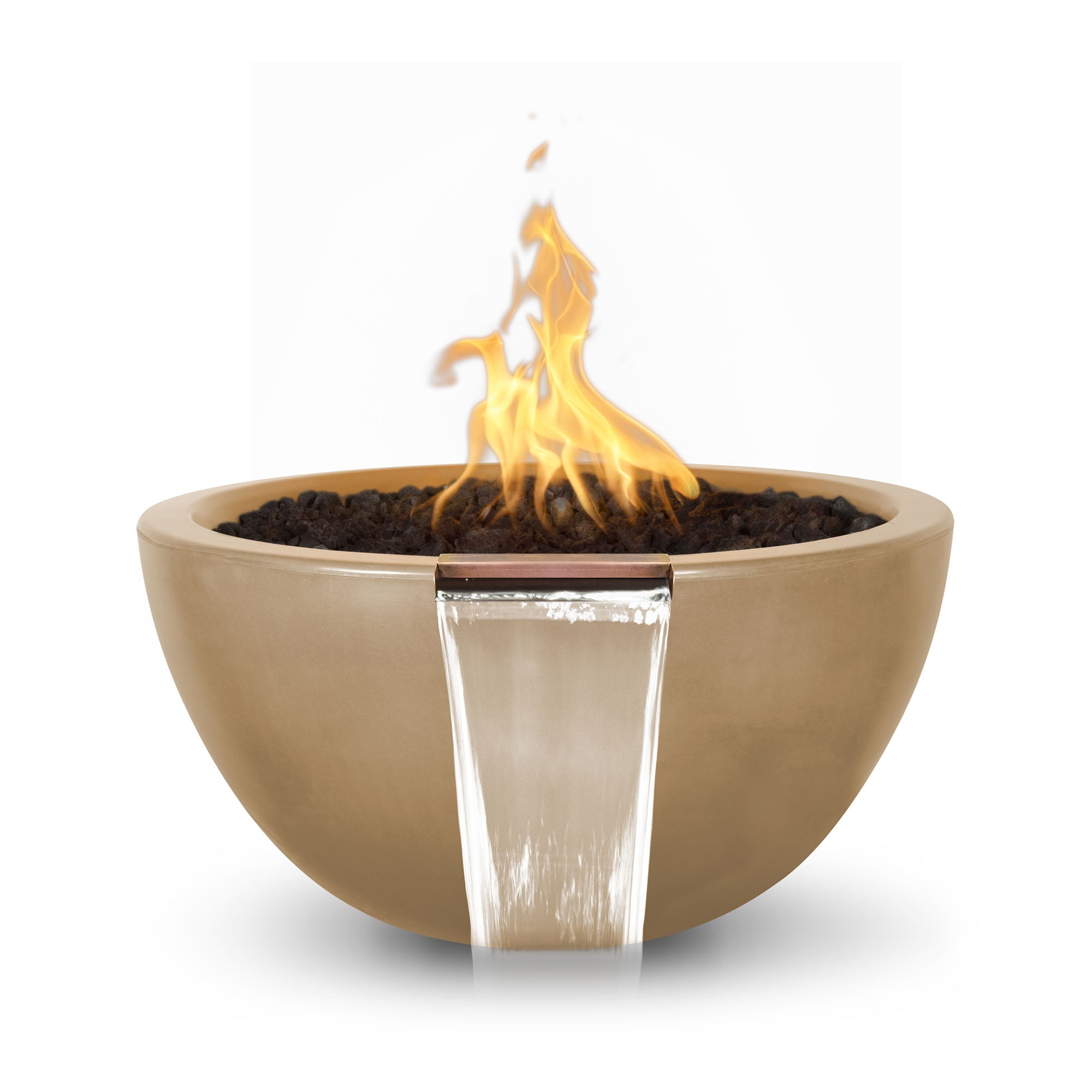 Modern fire pit bowl with flames on a white background. The Luna Fire & Water Bowl offers a perfect balance of natural elements with its elegant half-moon shape and dual fire-water functionality. Crafted from durable GFRC (Glass Fiber Reinforced Concrete), this handcrafted bowl brings a modern sculptural edge to outdoor spaces, delivering both ambiance and serenity for luxury backyard or poolside environments. 