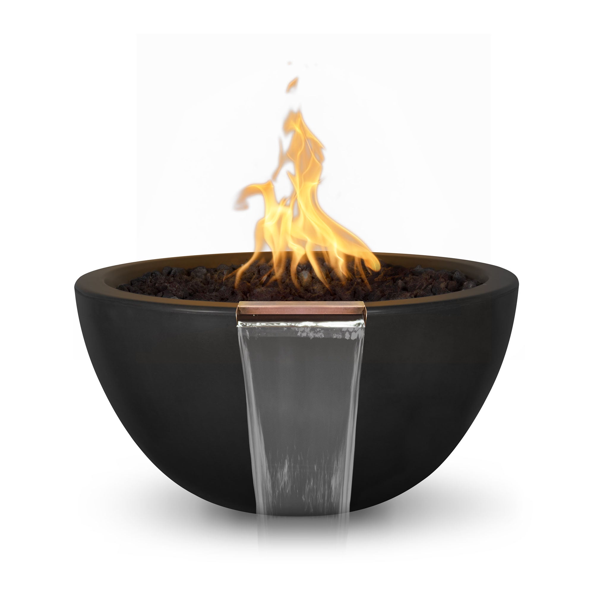 Black fire pit with flames on a white background. The Luna Fire & Water Bowl offers a perfect balance of natural elements with its elegant half-moon shape and dual fire-water functionality. Crafted from durable GFRC (Glass Fiber Reinforced Concrete), this handcrafted bowl brings a modern sculptural edge to outdoor spaces, delivering both ambiance and serenity for luxury backyard or poolside environments. 