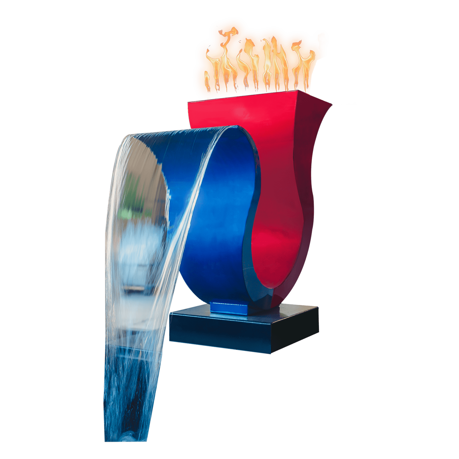 The Designer Series Feature&nbsp;13 unites serene water flow with dramatic fire for an unforgettable outdoor statement. Crafted from powder-coated metal, it delivers a shimmering curtain of cascading water paired with an elegant flame feature. Its vibrant red and blue accents offer a stunning visual contrast. Designed for patios, poolscapes, and luxury outdoor living areas, this scupper provides both soothing sound and captivating illumination.