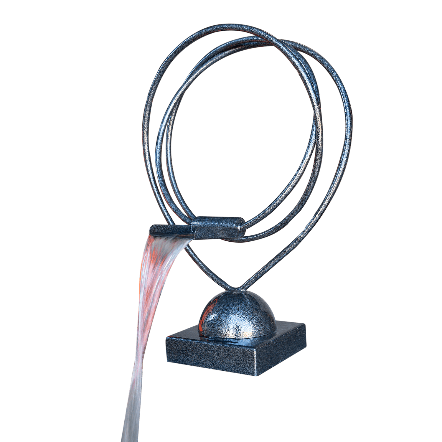 The Designer Series Feature 3 is a sculptural masterpiece that combines art and function. This striking water scupper features an elegant looped circular frame standing 25" tall, with a smooth spout that releases a graceful waterfall. Its visually captivating design draws the eye and enhances outdoor spaces with a serene, contemporary water feature perfect for pools, walls, and gardens.