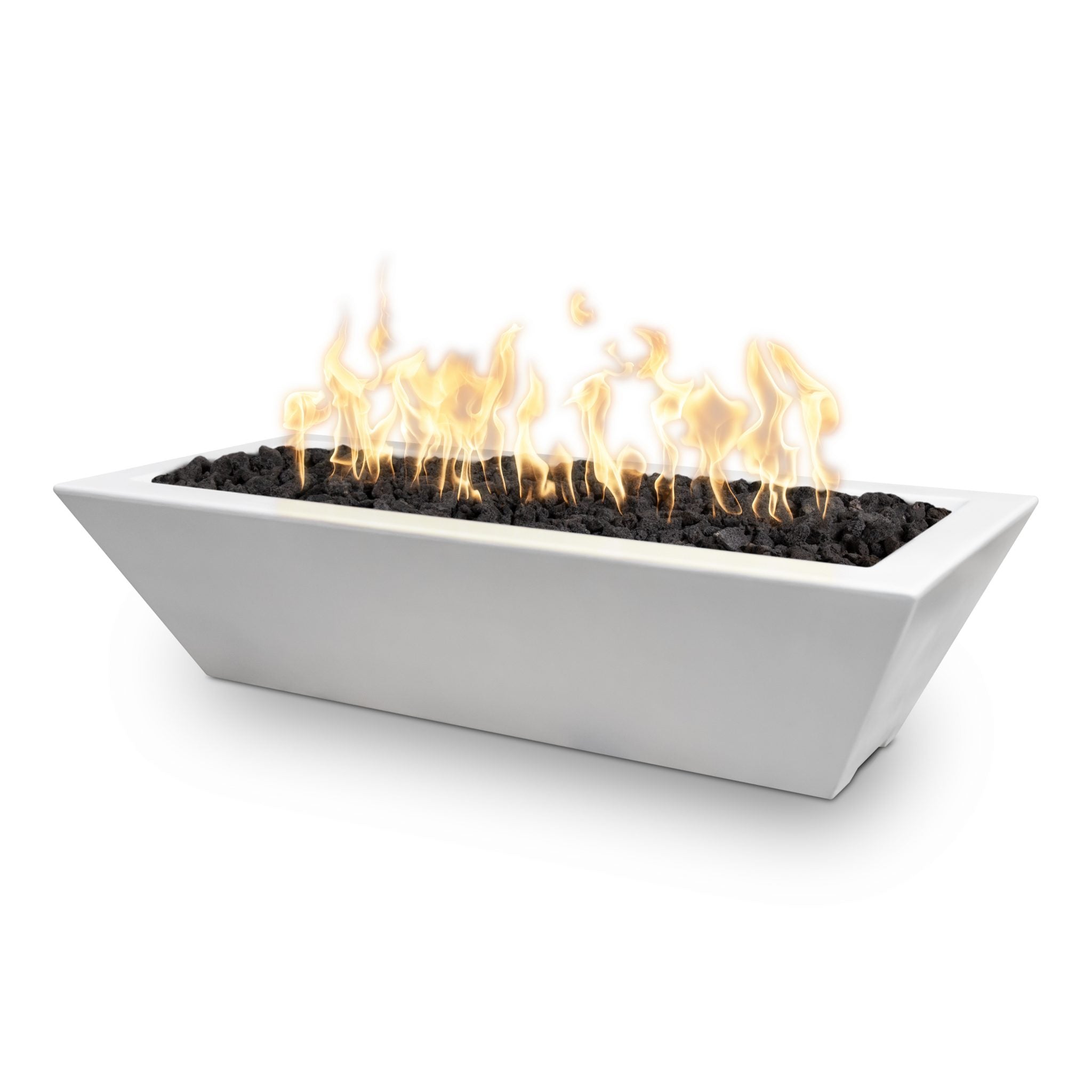 White fire pit with flames on a white background. Discover the Linear Maya Concrete Fire Bowl—a stunning rectangular fire feature that blends bold, modern design with soulful warmth. Handmade in the USA, its sleek lines and generous flame span act as both a social anchor and a visual statement. Imagine entertaining poolside under strung lights or settling into night-time silence, enveloped by dancing flames across its linear glory.
