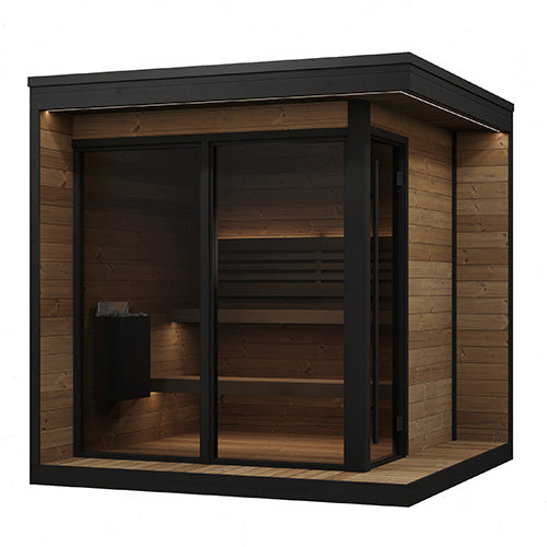 The SaunaLife GL6 from the Garden Luxury Series is a premium 6-person outdoor sauna designed for elegance, comfort, and durability. Its contemporary linear design features wrap-around eaves, integrated porch, and expansive bronze tempered-glass windows. This sauna provides a luxurious backyard wellness retreat with exceptional natural light, spacious seating, and high-end craftsmanship from Northern Europe