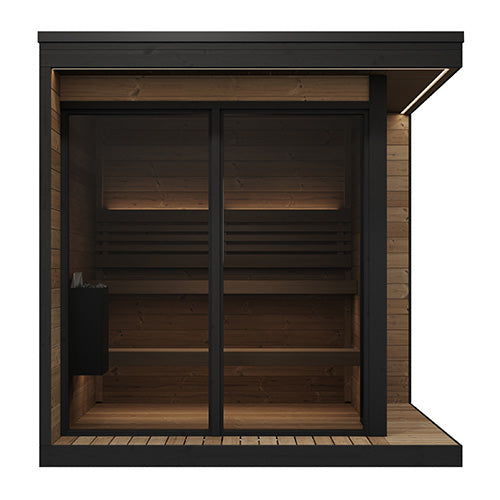 The SaunaLife GL6 from the Garden Luxury Series is a premium 6-person outdoor sauna designed for elegance, comfort, and durability. Its contemporary linear design features wrap-around eaves, integrated porch, and expansive bronze tempered-glass windows. This sauna provides a luxurious backyard wellness retreat with exceptional natural light, spacious seating, and high-end craftsmanship from Northern Europe
