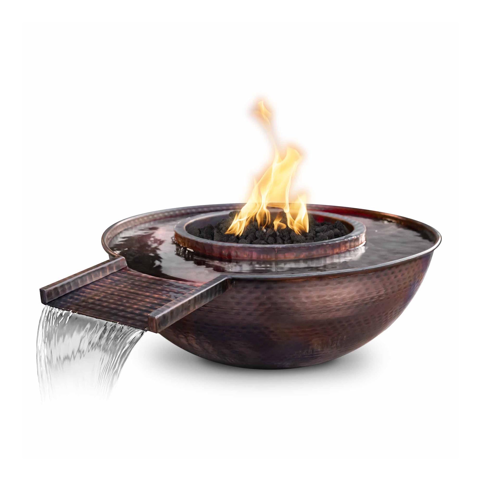 The Sedona Copper Fire & Water Gravity Spill Bowl is a 27″ round centerpiece that artfully blends fire and water. With a hammered copper exterior and a sleek, single gravity-drip spillway, this handmade bowl provides elegant ambiance and calm, ideal for upscale patios, pool decks, or retreat-style spaces 