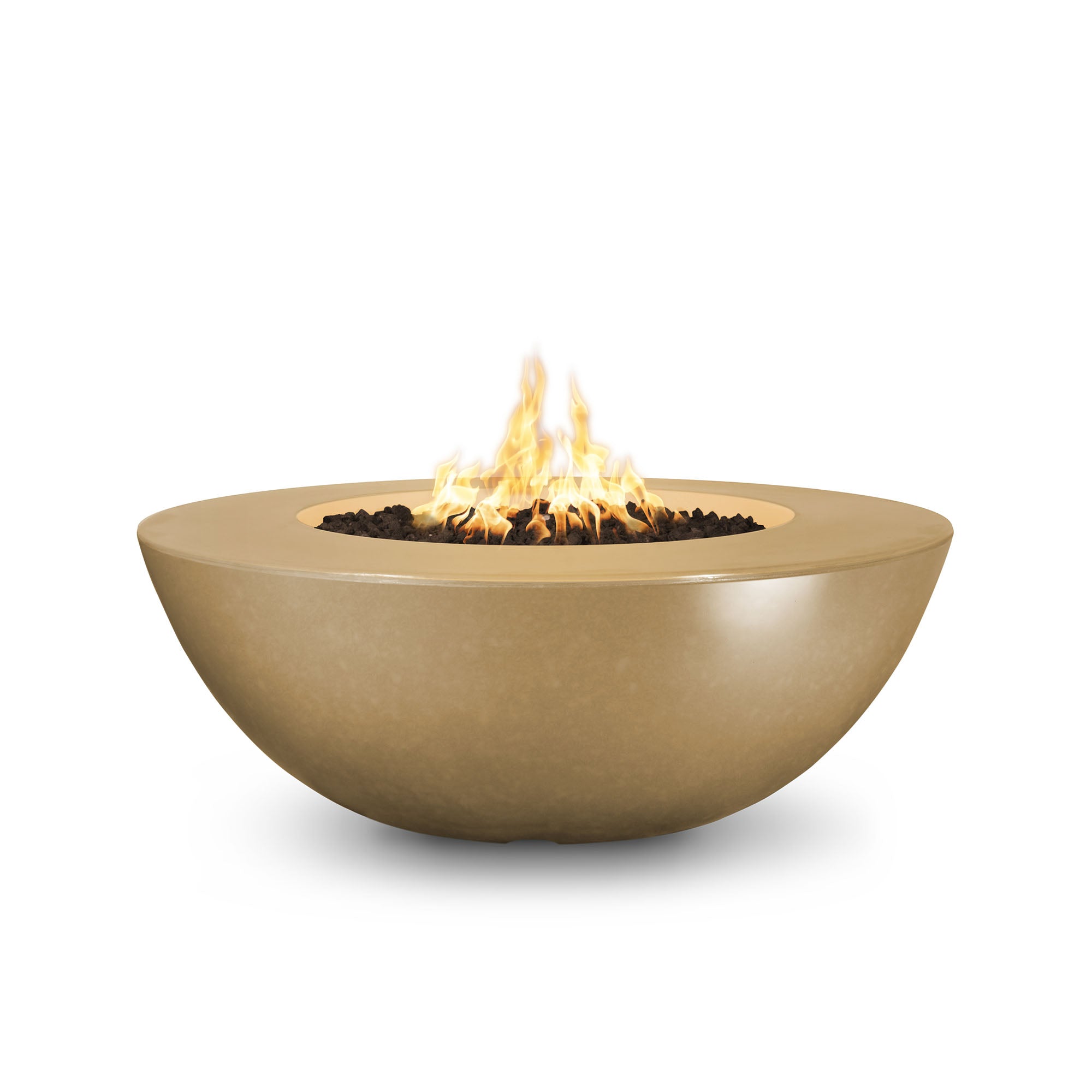 Bowl-shaped fire pit with flames on a white background
The Sedona Wide Ledge Concrete Fire Pit is a handcrafted, round outdoor feature built from GFRC (Glass Fiber Reinforced Concrete). Designed with a generous ledge, it doubles as a functional surface for drinks or snacks, making it the perfect centerpiece for gatherings. Available in 48″ or 60″ diameters and 15″ height, it injects durable elegance into patios and poolside settings. 