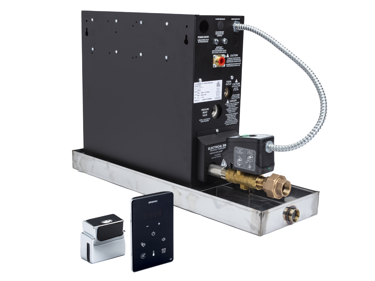 Black and silver water heater with control panel on a white background