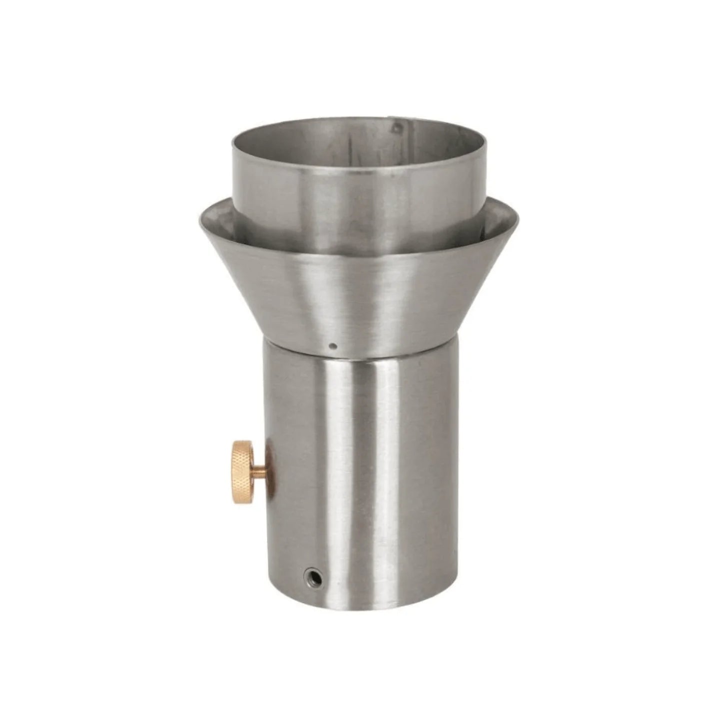 Stainless steel funnel-like object on a white background.  The Vent Fire Torch is a sculptural, stainless-steel gas torch designed to elevate upscale outdoor environments. At 14″ tall, its vented barrel emits a soft, inviting glow while providing ambient warmth. Ideal for pathways, poolside settings, patios, or landscape accents, this handcrafted torch blends durability with aesthetic finesse. 