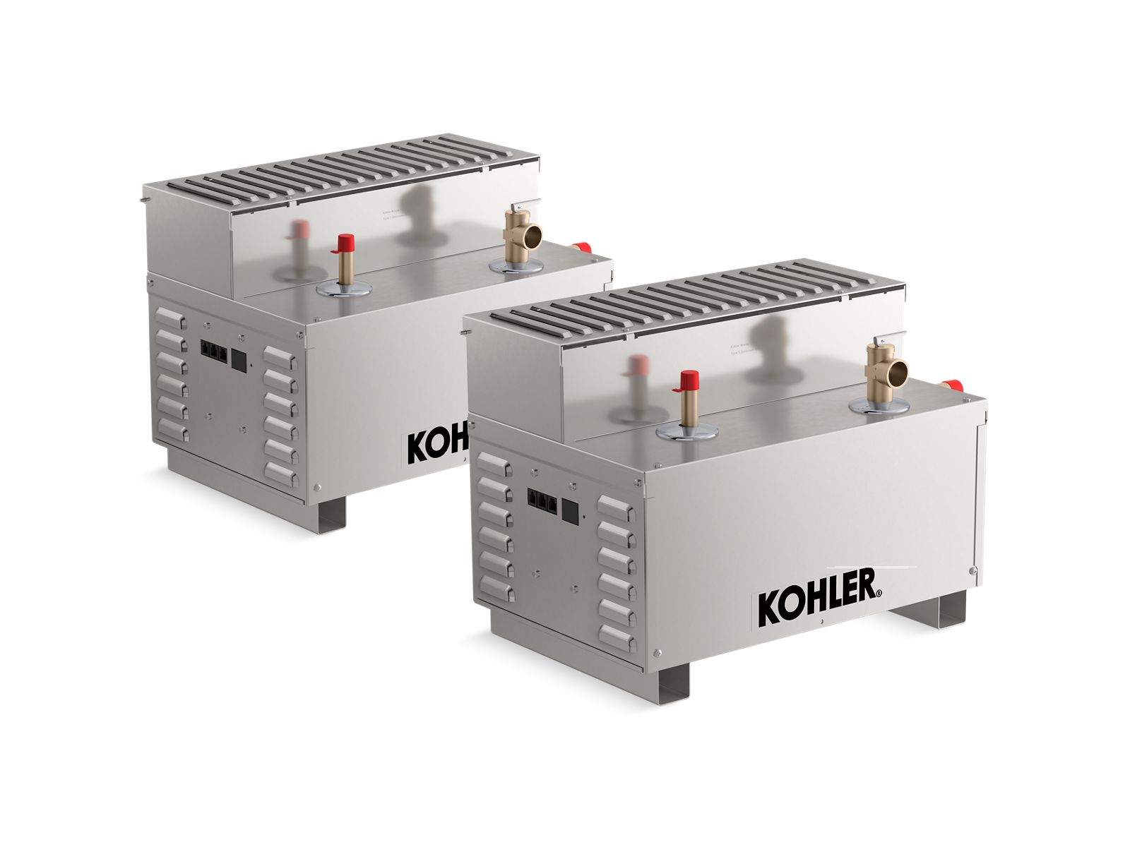 Two Kohler water heaters on a white background.The Kohler Invigoration® Steam Generator (26 kW) provides consistent and powerful steam for residential or commercial wellness spaces. Engineered for efficiency, reliability, and durability, this generator is ideal for spas, gyms, and luxury bathrooms, delivering a smooth and therapeutic steam experience every session. With precise temperature control and rapid heat-up, this generator ensures maximum comfort and convenience for any steam installation. 