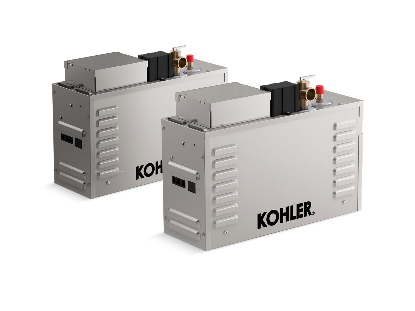 Two KOHLER generators on a white background.The Kohler Invigoration® Steam Generator (18 kW) delivers reliable steam performance for residential or commercial wellness spaces. Engineered for efficiency and durability, it provides consistent, soothing steam for spas, gyms, or high-end home bathrooms. With quick heat-up times and precise temperature control, this generator ensures a luxurious and comfortable steam experience every session.