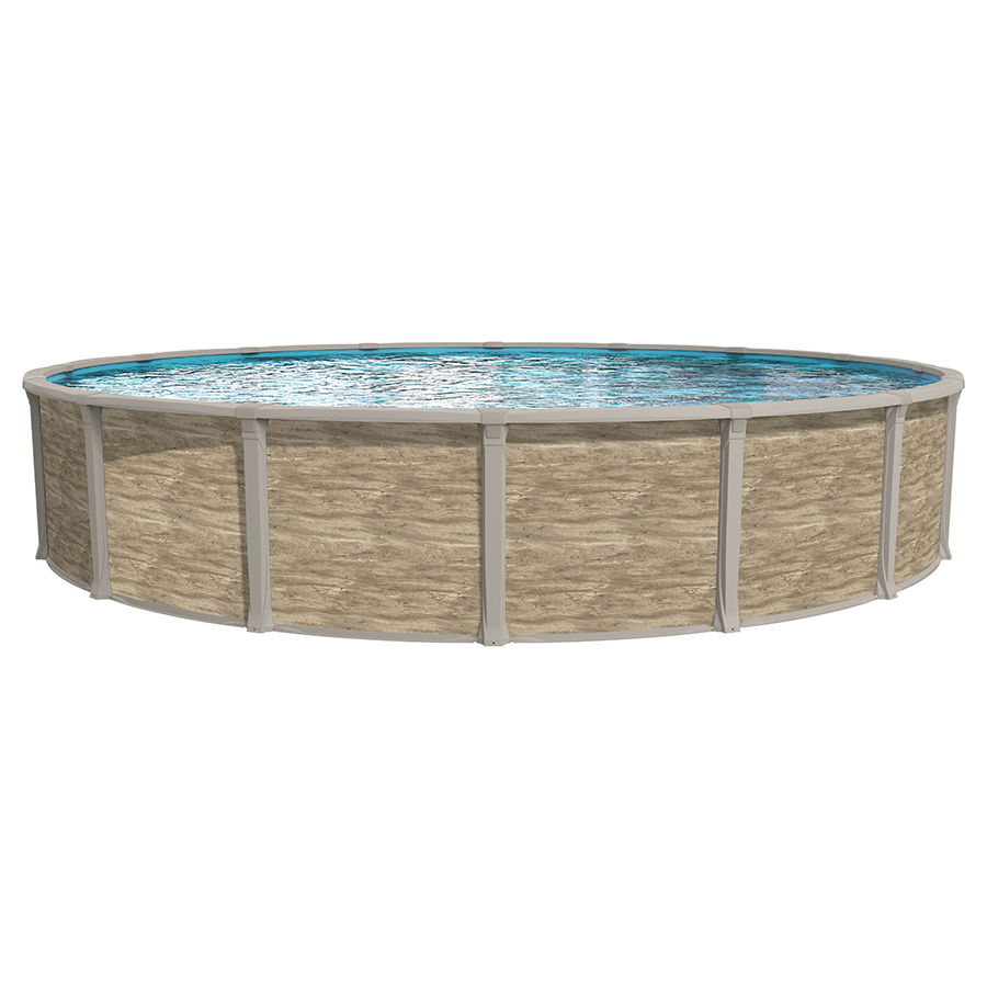 Round above-ground pool with wooden-textured sides on a white background