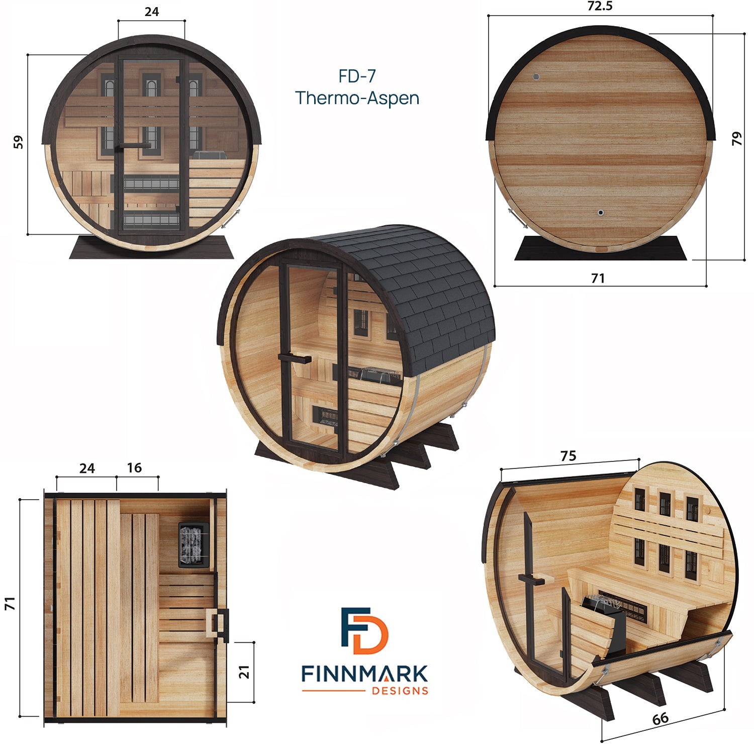 FD-7 Thermo-Aspen Combination Infrared/Traditional Barrel Sauna by Finnmark
