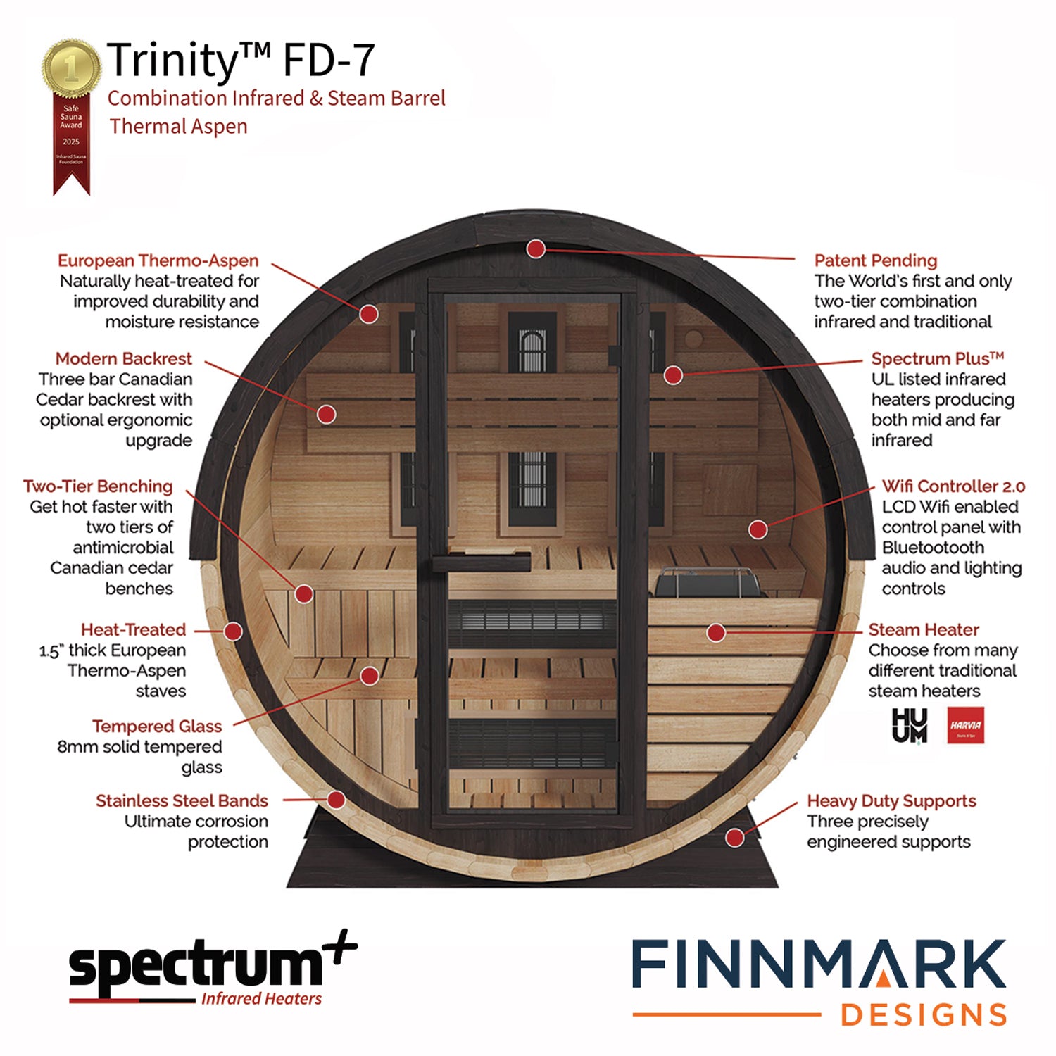 FD-7 Thermo-Aspen Combination Infrared/Traditional Barrel Sauna by Finnmark